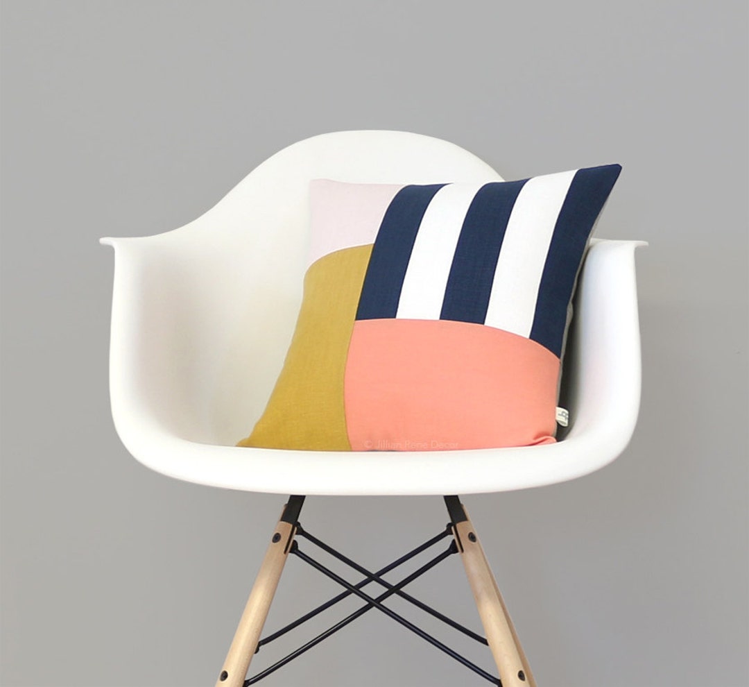 Graphic Grid Pillow Cover in Navy Cream Peach Yellow & Pale Etsy