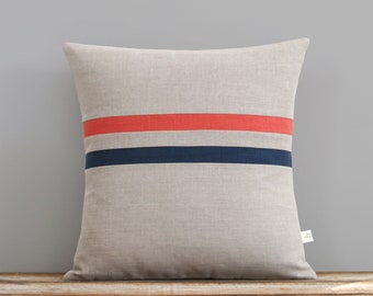 Coral and Navy Striped Linen Pillow Cover 16x16 - Colorful Home Decor by JillianReneDecor, Coral Stripe Pillow