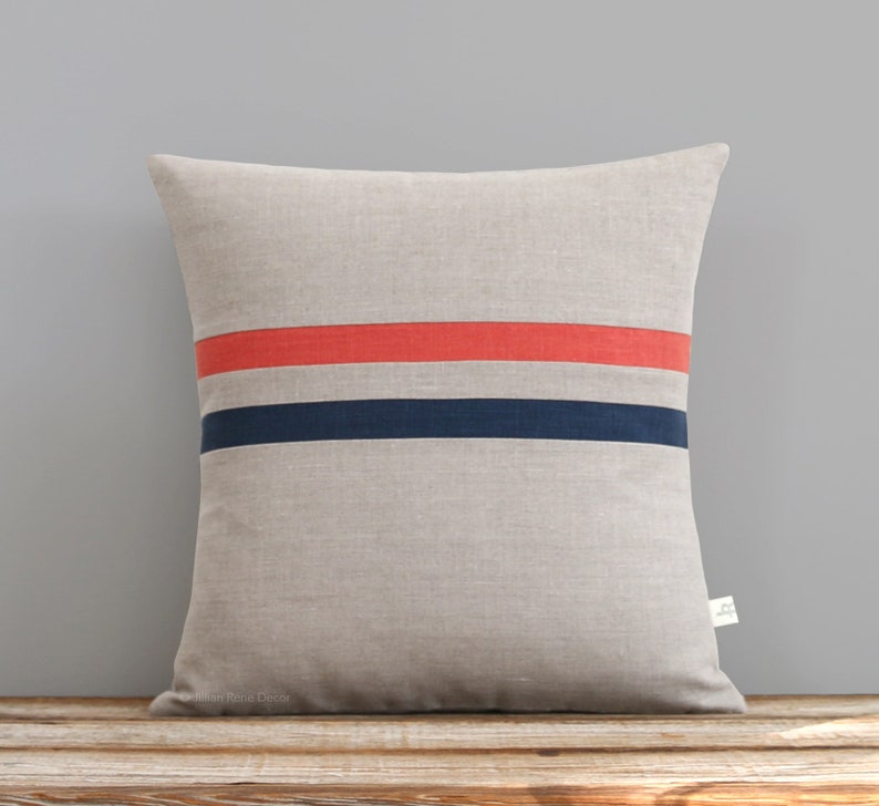 Coral and Navy Striped Linen Pillow Cover 16x16 Colorful Etsy