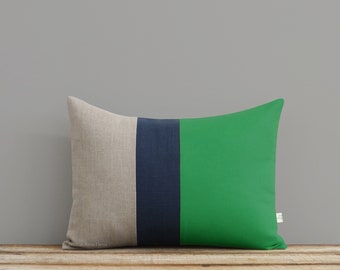 Color Block Stripe Pillow in Kelly Green, Navy and Linen by JillianReneDecor Emerald Green Decorative Pillow - As seen on Apartment Therapy