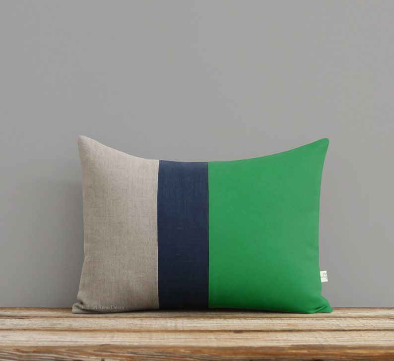 Color Block Stripe Pillow in Kelly Green, Navy and Linen by JillianReneDecor Emerald Green Decorative Pillow As seen on Apartment Therapy image 1