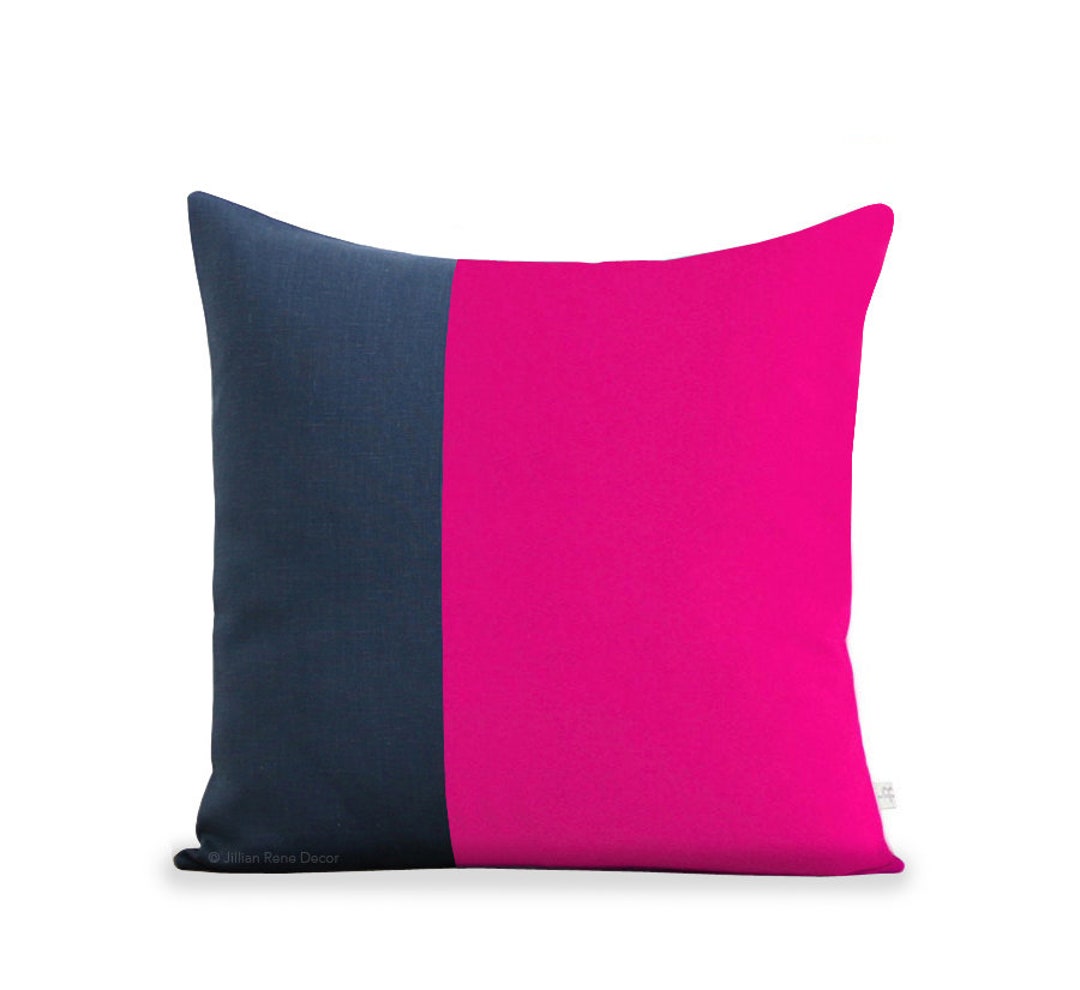 Minimal Linen Pillow Cover in Hot Pink and Navy 18x18 by