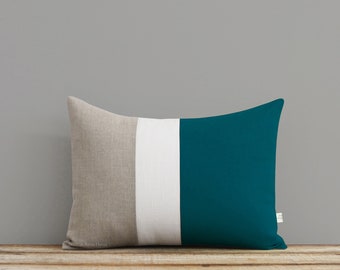 Teal Colorblock Decorative Pillow Cover with Cream and Natural Linen Stripes by JillianReneDecor - Fall Home Decor - Nautical Color Block