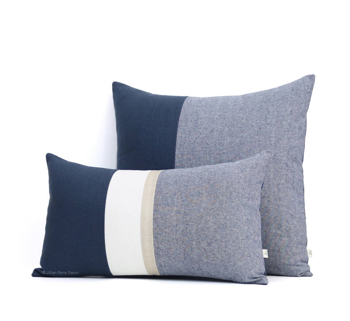 Navy Chambray Pillow Cover Set of 2 12x20 Gold Stripe and Etsy