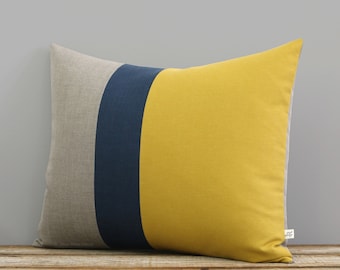 Colorblock Pillow Cover in Mustard Yellow, Navy and Natural Linen (16x20) by JillianReneDecor Fall Home Decor - Colorblocked Striped Trio