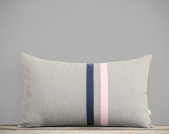 Pastel Pink and Navy Blue Striped Pillow Cover - 12x20 - Modern Home Decor by JillianReneDecor - Colorful Colorblock Stripes - Rose Quartz