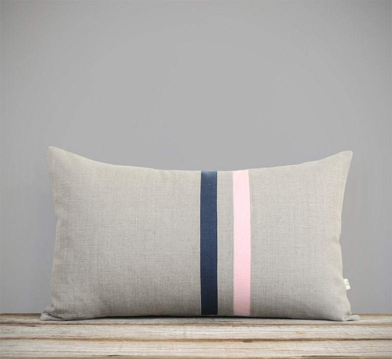 Rose Quartz Pastel Pink and Navy Blue Striped Pillow Cover 12x20 Modern Home Decor by JillianReneDecor Colorful Colorblock Stripes