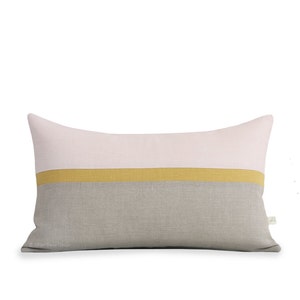 Blush Linen Horizon Line Pillow Cover with Yellow & Neutral Stripes by JillianReneDecor, Modern Home Decor, Color Block, Pale Pink, Squash image 1