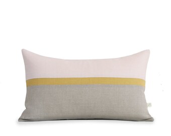 Blush Linen Horizon Line Pillow Cover with Yellow & Neutral Stripes by JillianReneDecor, Modern Home Decor, Color Block, Pale Pink, Squash