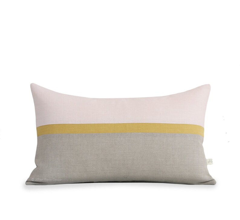 Blush Linen Horizon Line Pillow Cover with Yellow & Neutral Stripes by JillianReneDecor, Modern Home Decor, Color Block, Pale Pink, Squash image 1