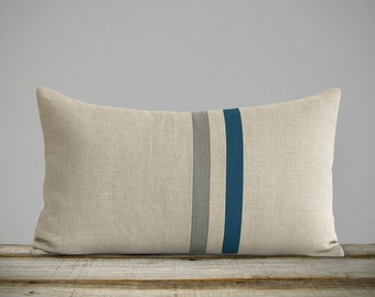Lake & Stone Gray Striped Linen Lumbar Pillow Cover (12x20) Modern Home Decor by JillianReneDecor - Dark Teal and Gray