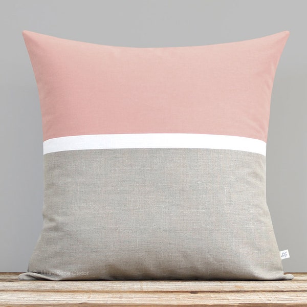Blush Horizon Line Pillow Cover with Cream & Natural Linen Stripes by JillianReneDecor, Modern Home Decor, Colorblock Stripes 20x20