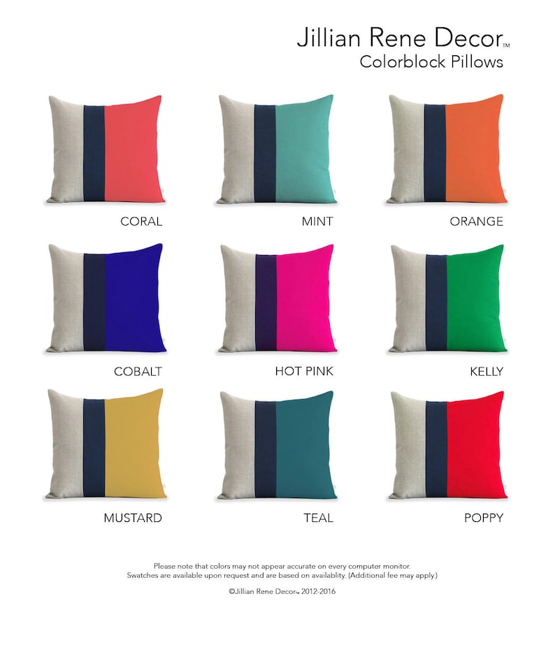 Puede incluir: Nueve almohadas decorativas con un dise&ntilde;o de bloques de color. Cada almohada tiene un panel de color s&oacute;lido en un lado y un panel de color s&oacute;lido en el otro. Los colores son coral, menta, naranja, cobalto, rosa intenso, kelly, mostaza, verde azulado y amapola.