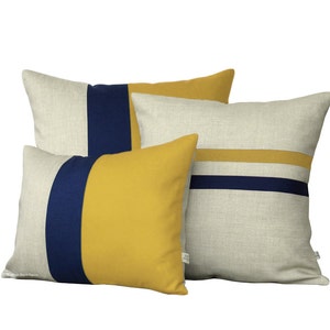 Mustard Yellow Pillow Cover Set Color Block and Striped Pillows by JillianReneDecor Set of 3 Yellow and Navy Colorblock Pillow Trio image 1