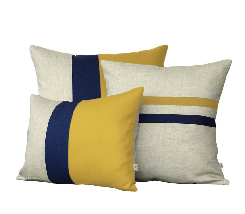 Mustard Yellow Pillow Cover Set Color Block and Striped Pillows by JillianReneDecor Set of 3 Yellow and Navy Colorblock Pillow Trio image 1