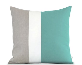 Beach House Decor: Color Block Pillow in Mint, Cream and Natural Linen by JillianReneDecor (20x20) Turquoise Home Decor