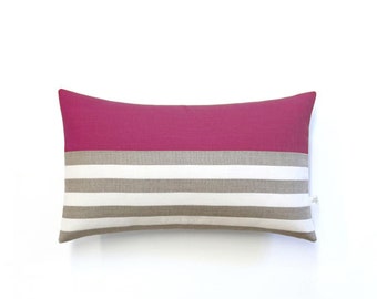 Sangria Bretton Stripe Lumbar Pillow Cover with Cream and Natural Linen Stripes by JillianReneDecor (12x20) - Mod Home Decor