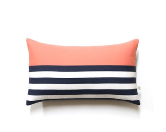 Striped Lumbar Pillow Cover in Peach, Navy and Cream Breton Stripes by JillianReneDecor (12x20) - Modern Home Decor - Cantaloupe, Spring