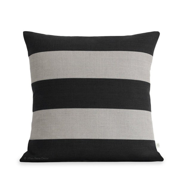 Rugby Striped Pillow Cover in Black and Natural Linen by JillianReneDecor - Modern Home Decor - Stripes - Gift for Him 20x20