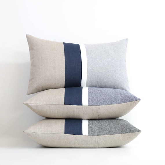Navy and Gray Chambray Striped Lumbar Solid Chambray Pillow Solid Blue Lumbar