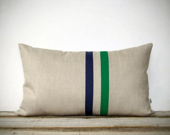 Kelly Green and Navy Striped Pillow - 12x20 - Modern Home Decor by JillianReneDecor - Colorful Colorblock Stripes - Emerald Lumbar Pillow