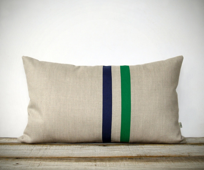Kelly Green and Navy Striped Pillow 12x20 Modern Home Decor by JillianReneDecor Colorful Colorblock Stripes Emerald Lumbar Pillow image 1