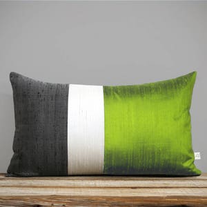 Silk Colorblock Pillow Cover 12x20 Peridot Green, Cream Slate Gray by JillianReneDecor, Modern Home Decor, Lime Chartreuse, Pantone 2017 image 1