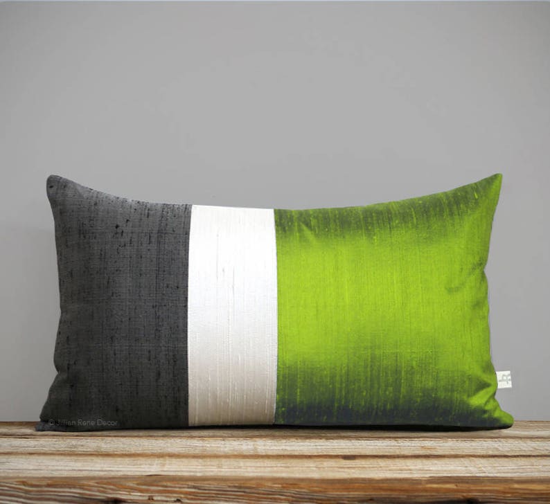 Silk Colorblock Pillow Cover 12x20 Peridot Green, Cream Slate Gray by JillianReneDecor, Modern Home Decor, Lime Chartreuse, Pantone 2017 image 1