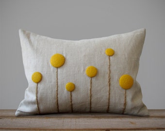 Yellow Billy Ball Flower Pillow Cover by JillianReneDecor Craspedia Billy Button Botanical Home Decor Spring Wedding Mustard Moss Marigold