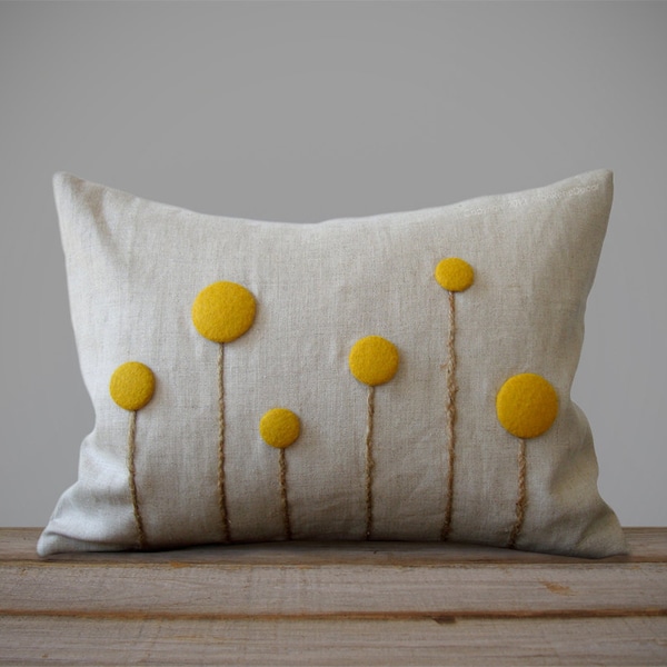 Yellow Billy Ball Flower Pillow Cover by JillianReneDecor Craspedia Billy Button Botanical Home Decor Spring Wedding Mustard Moss Marigold