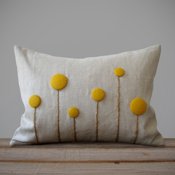 Yellow Billy Ball Flower Pillow Cover by JillianReneDecor Craspedia Billy Button Botanical Home Decor Spring Wedding Mustard Moss Marigold