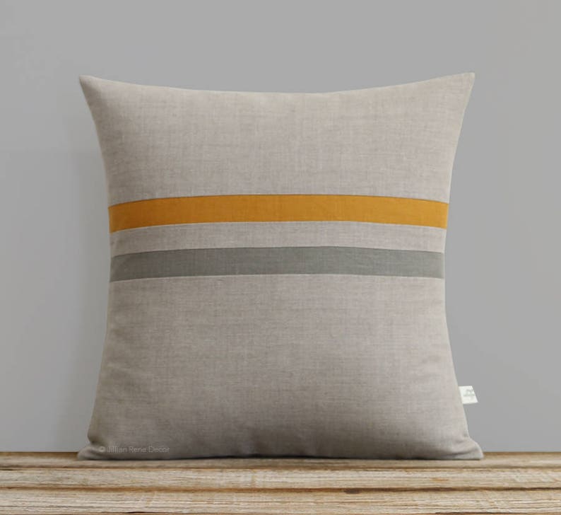 Marigold Yellow & Stone Gray Striped Linen Lumbar Pillow Cover 12x20 Fall Home Decor by JillianReneDecor Autumn FW2015 image 2