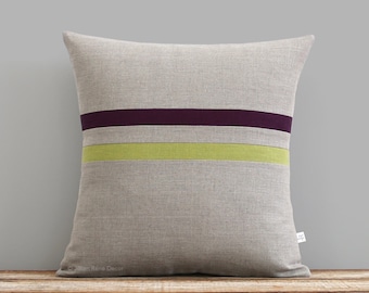 Linden Green and Purple Striped Linen Pillow 16x16 - Fall Home Decor by JillianReneDecor - Autumnal Decor - Plum