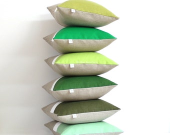 Custom Green Colorblock Pillow Covers, Pantone Color of the Year, Greenery 2017, Linen Pillows by JillianReneDecor, Spring Home Decor