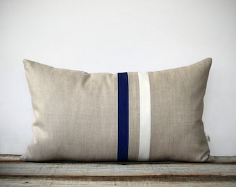 Navy and Cream Striped Lumbar Pillow (12x20) Modern Home Decor by JillianReneDecor | Minimal | Midnight Blue | Indigo