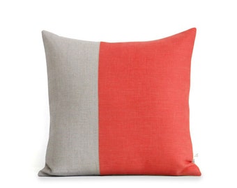 Minimal Linen Pillow Cover in Coral and Natural Linen (18x18) by JillianReneDecor, Modern Decor, Two Tone Color Block Pillow, Pantone 2019