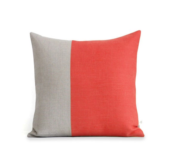 Minimal Linen Pillow Cover in Coral and French Beige Linen Pillow Cover in Red