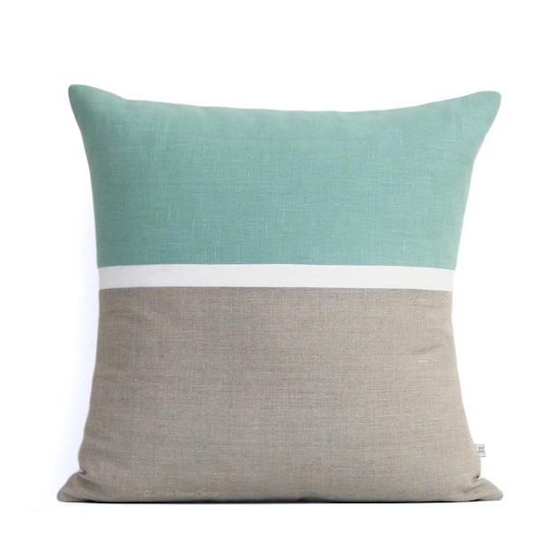 Spring Horizon Line Pillow Cover in Aqua, Cream & Natural Linen Stripes by JillianReneDecor, Modern Home Decor, Colorblock Stripes