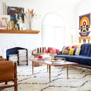 As seen in HGTV Magazine - Color Block Decorative Pillow in Mustard Yellow, Navy and Natural Linen by JillianReneDecor Modern Home Decor
