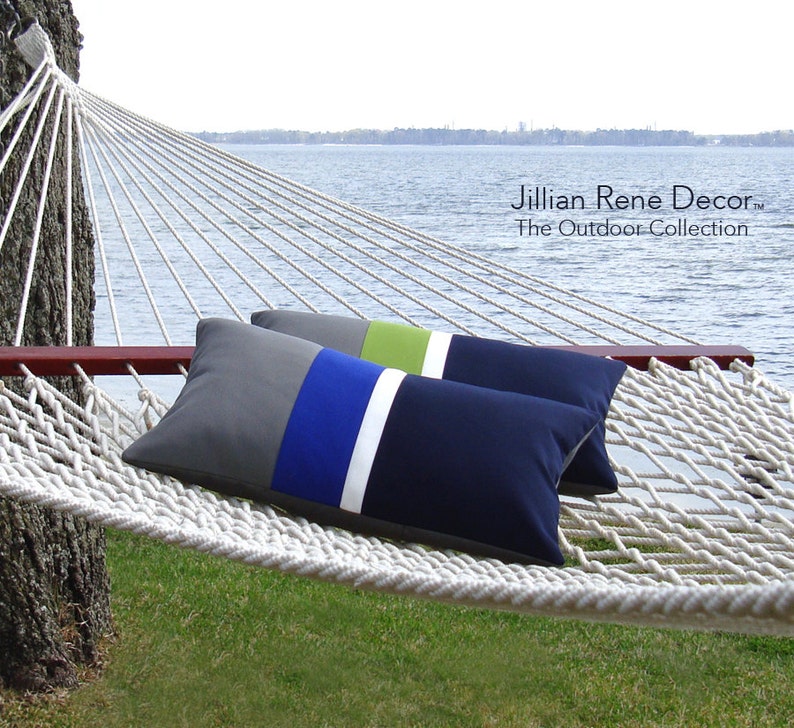 OUTDOOR Colorblock Pillow Cover Cobalt and Navy by JillianReneDecor Modern Home Decor Two Tone Summer Patio Decor Dazzling Blue image 3