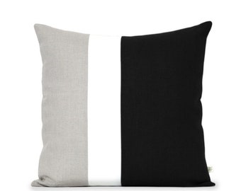 Color Block Pillow (20x20) Black, Cream and Natural Linen by JillianReneDecor Minimal Home Decor Colorblock Striped Trio - Black and White