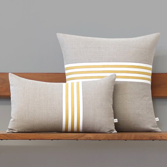 Yellow Banded Stripe Pillow Cover with Ochre Linen Horizon Line Pillow Cover