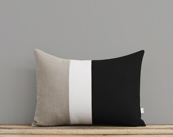 Classic Color Block Decorative Pillow Cover with Black, Cream and Natural Linen Stripes by JillianReneDecor Neutral Minimal Modern Decor