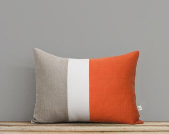 Orange Color Block Decorative Pillow Cover in Natural Linen with Cream Stripe by JillianReneDecor - Modern Home Decor, 12x16 Lumbar