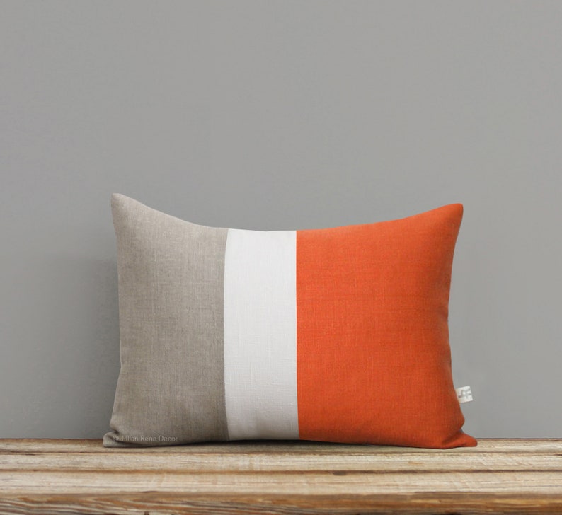 Orange Color Block Decorative Pillow Cover in Natural Linen with Cream Stripe by JillianReneDecor Modern Home Decor, 12x16 Lumbar image 1