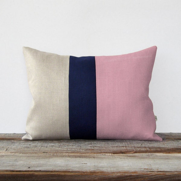 Preppy Pink Color Block Pillow with Navy Linen Stripe by JillianReneDecor Spring Home Decor - Colorblock Stripes - Girls Bedroom Nursery