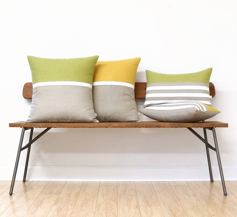 Cream /& Natural Linen Stripes by JillianReneDecor Horizon Line Pillow Cover in Linden Green Modern Home Decor Fall Pantone Golden Lime