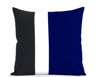 Colorblock Pillow Cover | Cobalt, Cream and Black (20x20) by JillianReneDecor | Modern Home Decor Color Block Striped Trio | Black and White