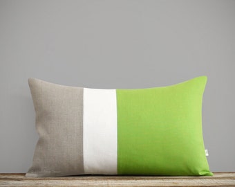 Lime Lumbar Pillow Cover, Cream & Natural Linen Colorblock Stripes by JillianReneDecor, Apple Green, 2017 Pantone Color of the Year, Lime