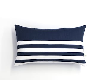 Striped Lumbar Pillow Cover in Navy and Cream Breton Stripes by JillianReneDecor (12x20) - Modern Home Decor - Nautical